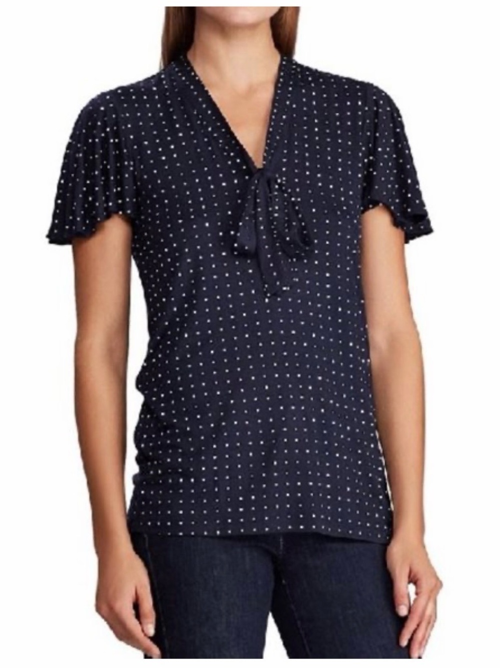 Lauren Ralph Lauren Navy White Polka Dot Tie-Neck Short Sleeve Top
